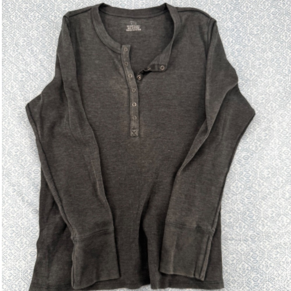 Aerie Womens XL Charcoal Gray Waffle Knit Henley Long Sleeve Thermal Top